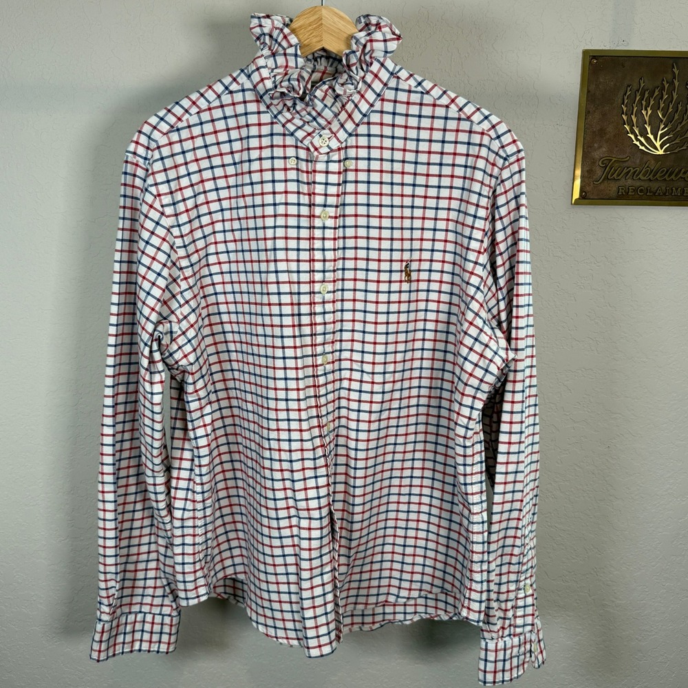 Ralph Lauren Ruffle Collar Tattersall Check American Flag Patch Shirt Womens L - Picture 3 of 10